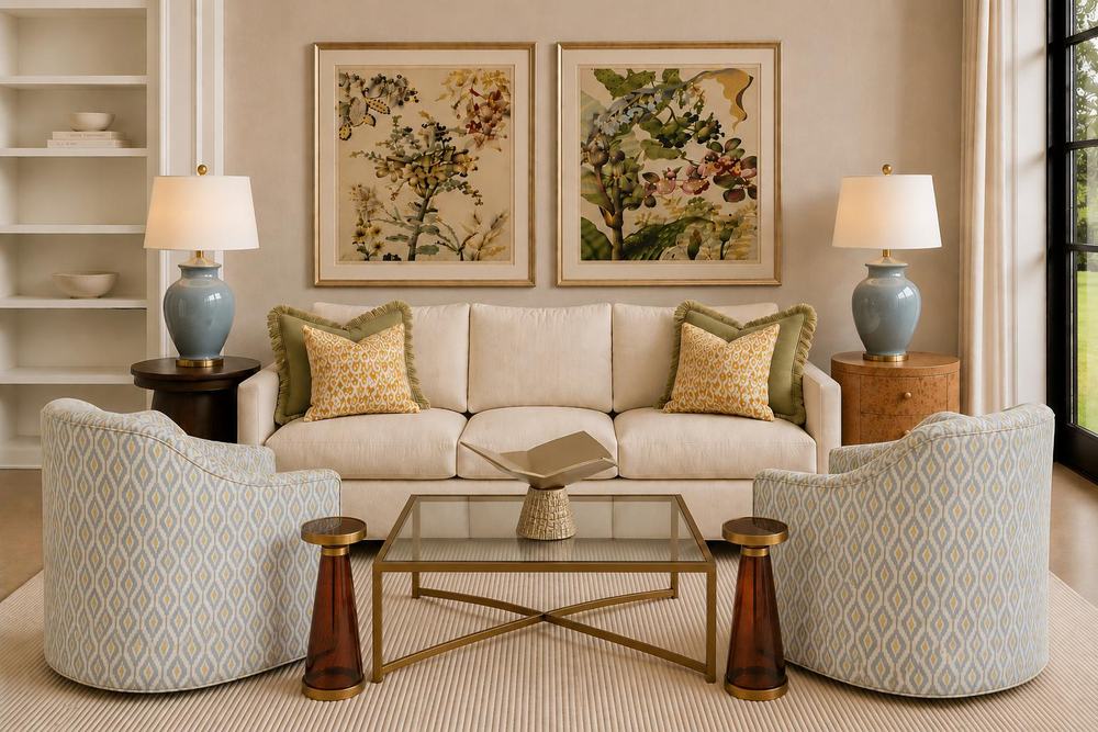 Showroom room with a cream sofa, two patterned swivel chairs and botanical prints